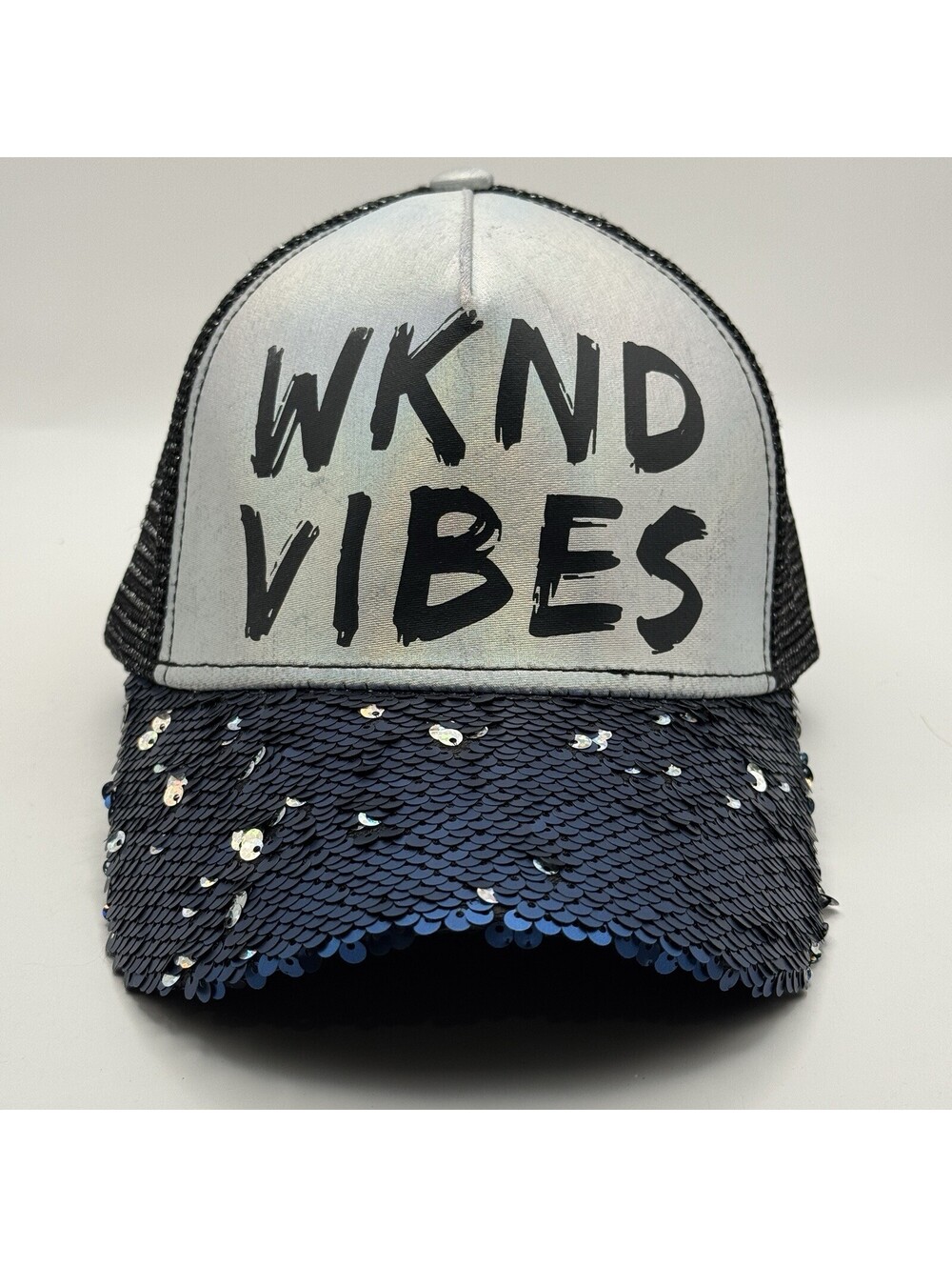 WEEKEND WKND VIBES Sequin Trucker Hat Mesh Snapback Black Silver Claire’s